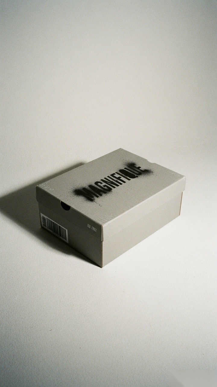 Magnifiqué shoebox with spray-paint stencil packaging